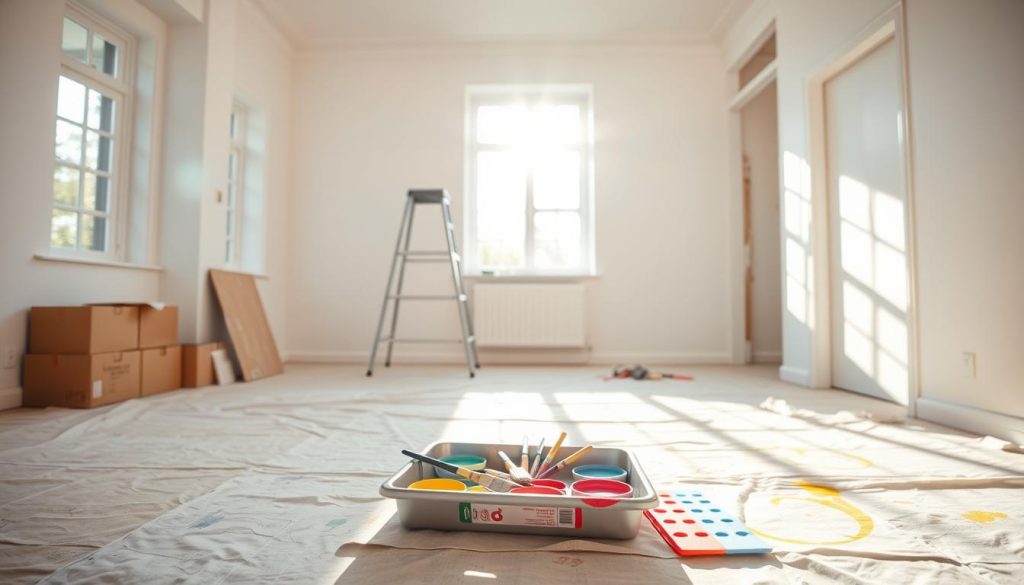 A bright, airy room with freshly painted white walls. In the foreground, a painter's tray filled with vibrant paint colors and brushes sits on a drop cloth-covered floor. Sunlight streams in through large windows, casting warm hues across the scene. In the middle ground, a stepladder stands ready, hinting at the ongoing renovation process. The background reveals partially painted walls, exposing the transformation from drab to rejuvenated. An atmosphere of productivity and pride in a job well done permeates the space.