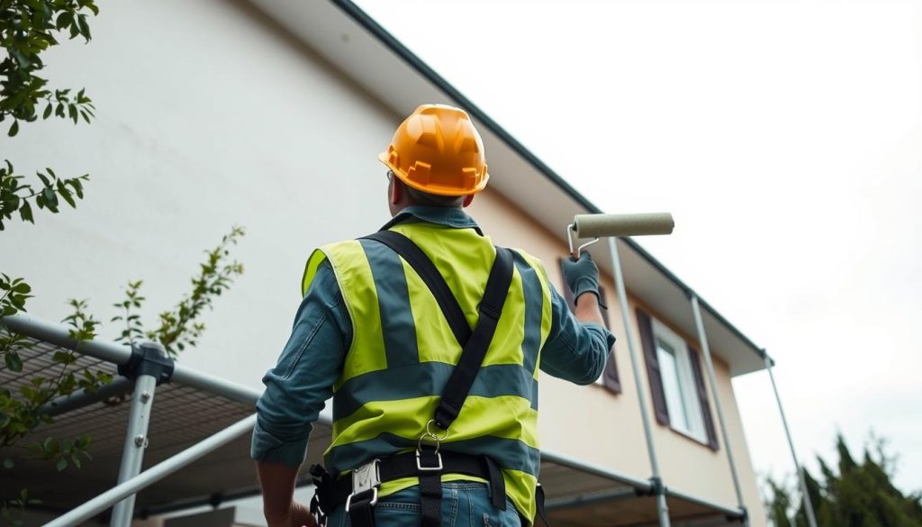 A construction worker in a yellow hardhat and reflective safety vest carefully applies a roller to the exterior of a two-story residential building. Scaffolding surrounds the structure, with safety harnesses and tethers visible. The sky is overcast, casting a soft, even light across the scene. In the background, trees and shrubs add a natural, verdant element. The overall mood conveys a sense of diligence and concern for workplace safety during the house painting process.