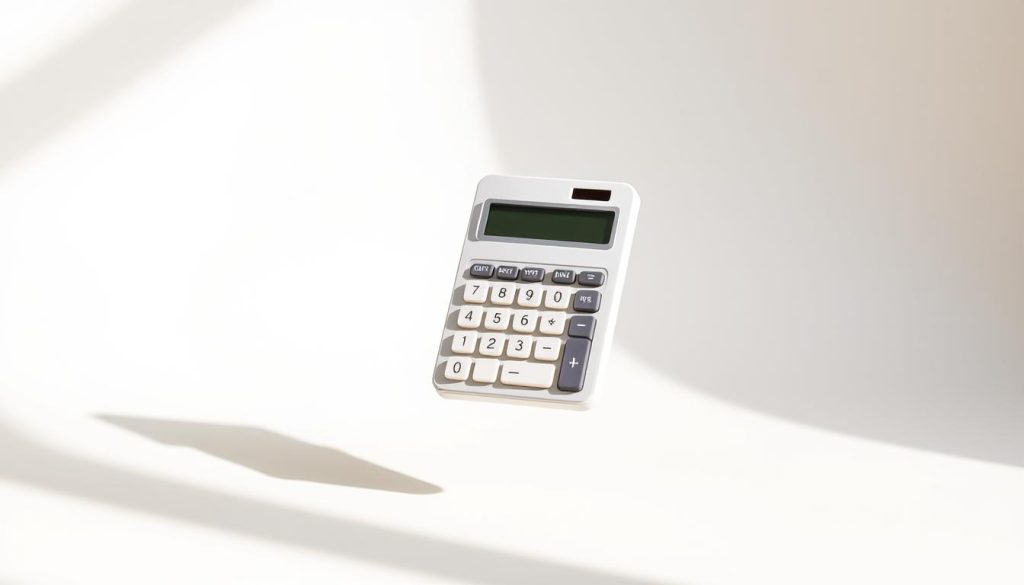 A modern, minimalist calculator floating against a clean white background, its sleek design and intuitive buttons reflecting the precision and simplicity of calculating home painting costs. The calculator casts a soft shadow, emphasizing its physicality and the sense of a thoughtful, considered approach to budgeting. Warm, natural lighting from the side adds depth and dimension, creating a sense of professionalism and reliability. The composition is balanced and centered, drawing the eye directly to the calculator as the focal point, conveying the tool's importance in estimating home painting expenses.
