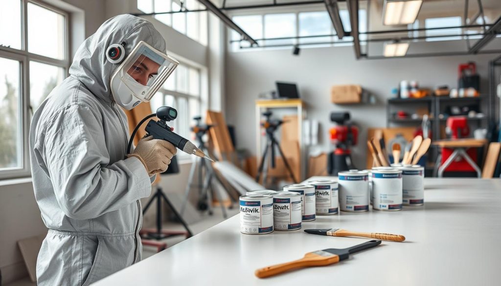 A modern, well-equipped painting workshop with various spray equipment and tools. In the foreground, a professional painter in a protective suit carefully applies a smooth, even coat of paint to a surface, showcasing their expertise. In the middle ground, a selection of high-quality paint cans and brushes are neatly organized, conveying a sense of precision and attention to detail. The background features large windows, allowing natural light to flood the space and create a bright, airy atmosphere. The overall scene exudes a sense of professionalism, skill, and a commitment to providing top-notch painting services.