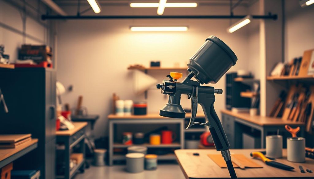 A sleek, modern workshop interior with professional-grade spray painting equipment. In the foreground, a high-pressure spray gun is poised, ready to apply a lustrous, even coat of paint. In the middle ground, a variety of paint cans and brushes are neatly organized, suggesting the versatile capabilities of the spray painting service. The background is filled with the clean, minimalist lines of workbenches, shelves, and tools, creating an atmosphere of efficiency and expertise. Warm, directional lighting casts dynamic shadows, emphasizing the precision and care taken in every spray painting task. The overall scene conveys a sense of professionalism, attention to detail, and the ability to deliver high-quality, tailored painting solutions for any home or commercial project.