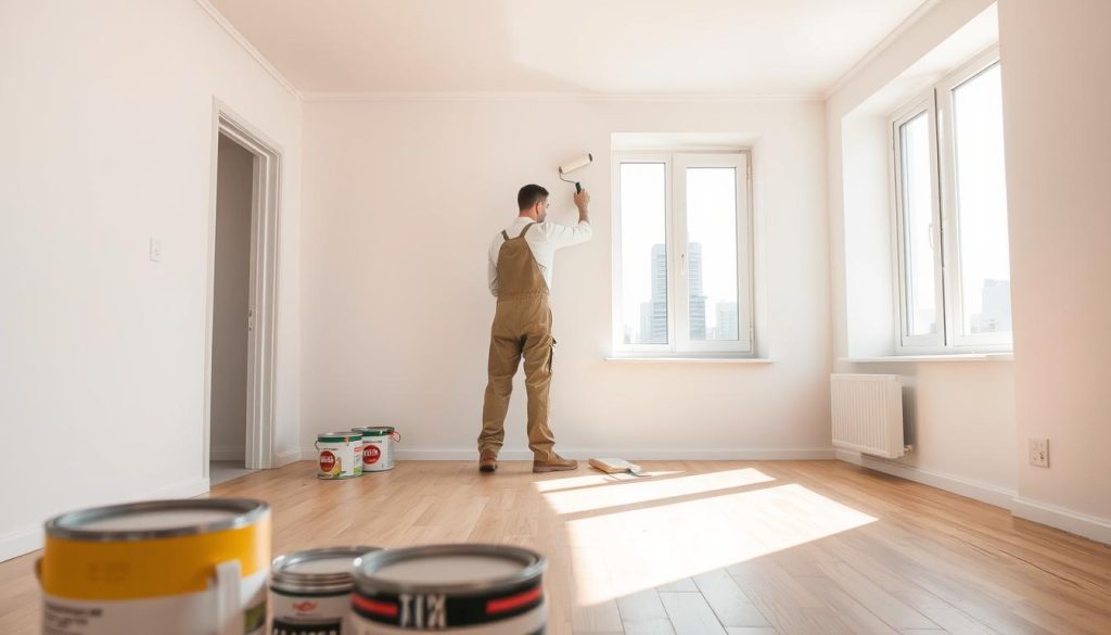A spacious, sun-drenched room in a Warsaw apartment, the walls in need of a fresh coat of paint. The foreground showcases paint cans and brushes, hinting at the impending task. In the middle ground, a professional painter, dressed in a coverall, carefully applies paint to the walls with a roller, creating a smooth, even finish. The background reveals the city skyline through the window, highlighting the urban setting. The lighting is natural, casting a warm, inviting glow throughout the scene. The overall atmosphere conveys the ordinariness and routine nature of wall painting, a common task for city dwellers.