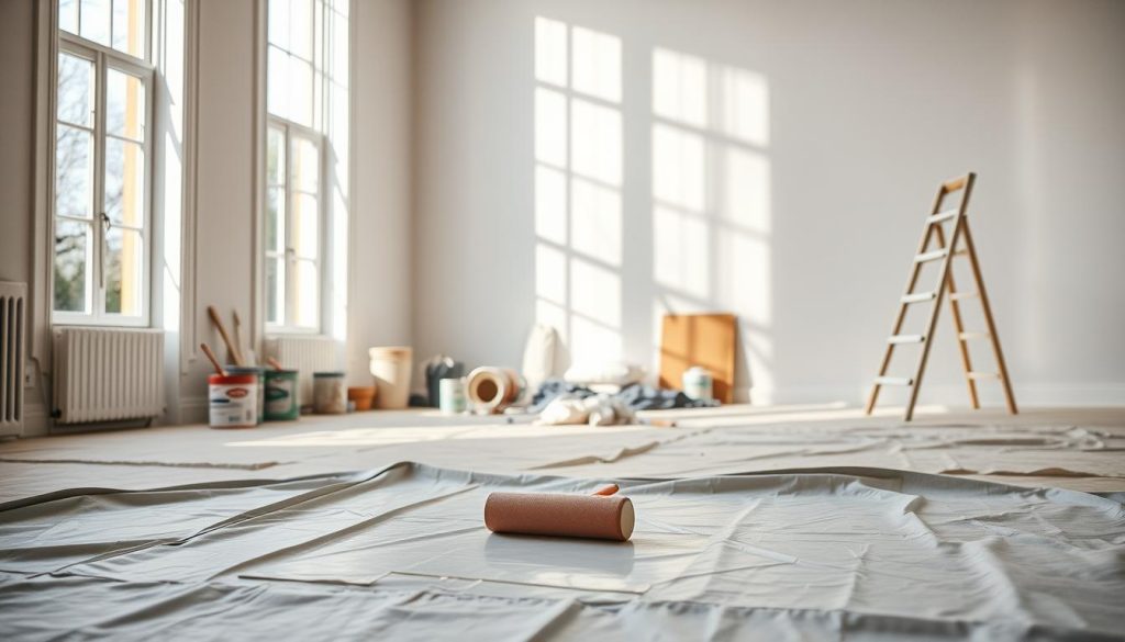 A spacious, well-lit room with a calm, cozy atmosphere. In the foreground, a roller and paint tray sit on a sheet-covered floor, ready for the task at hand. Tall windows let in natural light, casting soft shadows on the walls. Neatly organized painting supplies, such as brushes, paint cans, and drop cloths, are visible in the middle ground. The background features a partially painted wall, the fresh coat of paint glistening, and a step ladder, suggesting the progress of the painting project. The overall scene conveys a sense of preparation, anticipation, and the methodical approach to the task of painting a room.