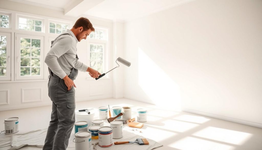 A well-lit, airy room with bright white walls and natural sunlight streaming through large windows. In the foreground, a professional painter in work overalls carefully applies a smooth, even coat of high-quality paint with a roller, creating a flawless finish. The middle ground shows an assortment of paint cans, brushes, and other painting tools neatly organized on a drop cloth. In the background, a partially painted wall reveals the transformation from the original surface to the freshly painted state. The overall atmosphere conveys a sense of expertise, efficiency, and attention to detail - capturing the essence of a professional wall painting service.