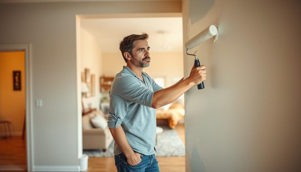 A well-lit, high-resolution image of a person in a home interior, using a paint roller to apply a smooth, even coat of paint on a wall. The subject stands in the foreground, dressed in casual clothing, with a determined expression as they work efficiently. The middle ground reveals the room's spacious layout, with furniture and other home decor elements subtly visible. The background showcases a warm, inviting color palette, emphasizing the cozy ambiance of the space. The lighting is soft and natural, creating gentle shadows and highlights that accentuate the textures of the paint and the wall surface. The camera angle is slightly elevated, providing a birds-eye view of the painting process, capturing the skilled technique and the satisfying progress of the task.