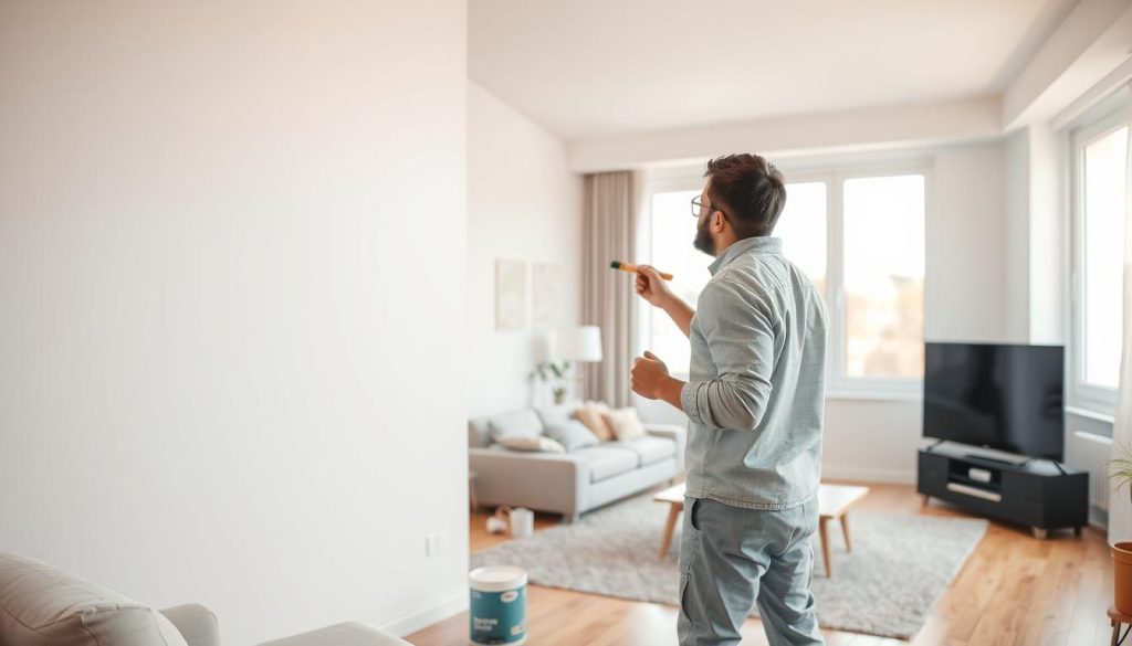 A well-lit interior of a modern apartment, with a professional painter carefully applying paint to the walls using a roller. The room is spacious, with neutral-colored furniture and minimalist decor. Soft, diffused lighting from large windows casts a warm glow, highlighting the smooth, even strokes of the painter's brush. The scene conveys a sense of efficiency, attention to detail, and a commitment to delivering a high-quality painting service. The overall atmosphere is one of professionalism, cleanliness, and care.