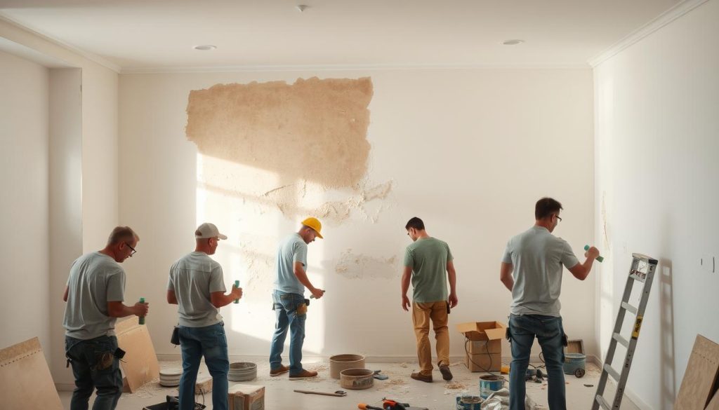 A well-lit interior scene depicting a room undergoing renovation. In the foreground, a group of workers are shown in the midst of plastering and sanding the walls, with various tools and materials visible. The middle ground features a partially painted wall, showcasing the process of applying a fresh coat of paint. In the background, an unfinished section of the wall reveals the underlying structure, providing a sense of the overall renovation project. The lighting is bright and natural, creating a sense of progress and productivity. The overall atmosphere conveys the systematic, step-by-step nature of the wall repair process.