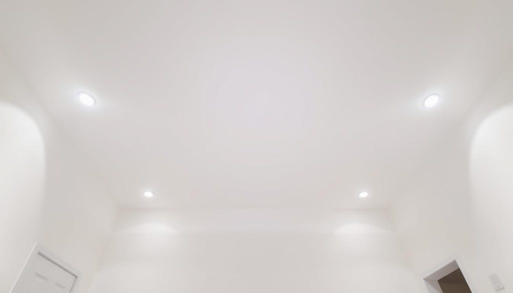 A well-lit interior with a high ceiling, spotlights illuminating the smooth, freshly painted white surface. The room has a minimalist, modern aesthetic, with clean lines and a sense of openness. The paint appears to have a satin or eggshell finish, reflecting the light gently. The walls are a neutral, off-white shade, creating a calming and bright atmosphere. The ceiling is the focal point, drawing the viewer's eye upwards to appreciate the seamless, professional-looking paintwork. The overall scene conveys a sense of quality, attention to detail, and a job well done.