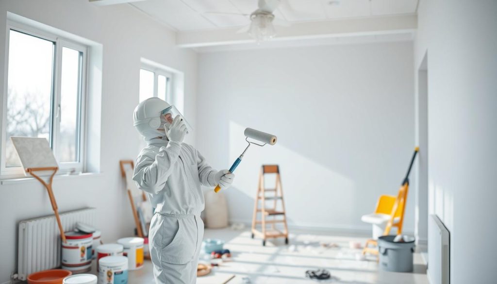 A well-lit, modern interior with a professional painter meticulously applying paint to the walls. The painter wears a protective suit and uses high-quality brushes and rollers, ensuring a smooth, even finish. In the background, various painting supplies and tools are neatly organized, conveying a sense of expertise and attention to detail. The room is bright and airy, with natural light streaming in through large windows, highlighting the painter's skilled technique. The walls have a clean, fresh appearance, ready to transform the space. An atmosphere of professionalism and attention to quality permeates the scene.
