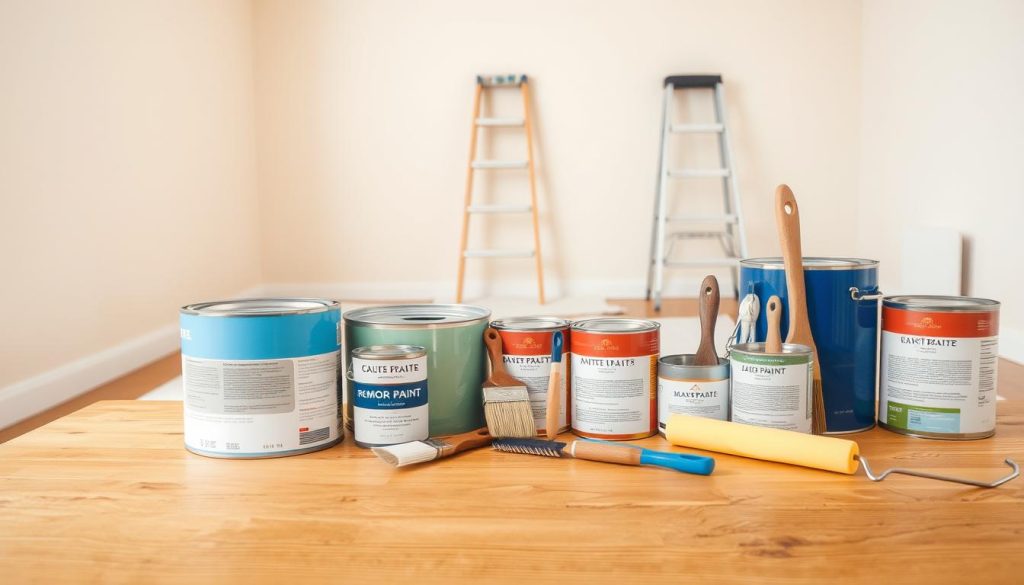 A well-lit room with an assortment of painting supplies neatly displayed on a wooden table. In the foreground, cans of paint in various colors, paintbrushes of different sizes, and a paint roller stand ready. In the middle ground, a drop cloth covers the hardwood floor, and a ladder leans against the wall. The background features a neutral-colored wall, suggesting an interior space ready for a fresh coat of paint. The lighting is soft and even, creating a welcoming and organized atmosphere, conveying the cost-effective nature of DIY home painting projects.