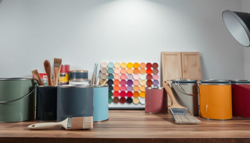 A well-lit studio scene showcasing an assortment of paint cans and brushes in the foreground, arranged neatly on a wooden surface. In the middle ground, several paint swatches in a variety of hues are displayed, highlighting the diverse range of paint types and finishes. The background features a clean, minimalist wall, providing a crisp and uncluttered backdrop to the product display. The lighting is soft and diffused, creating a professional and informative atmosphere, suitable for illustrating the topic of "Rodzaje farb i ich wpływ na koszt malowania".