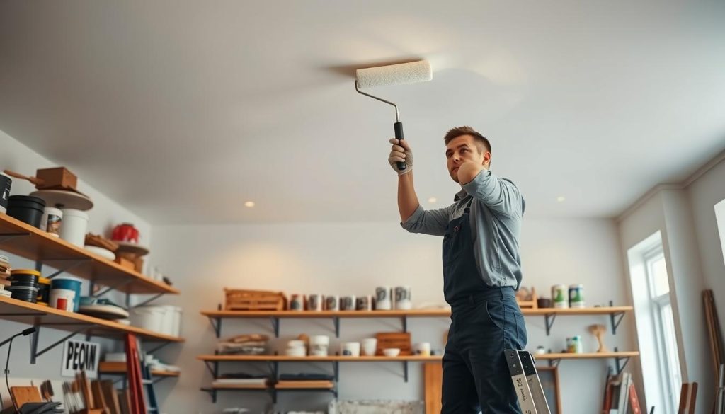 A well-lit workshop interior, with a technician standing on a ladder, carefully painting the ceiling with a roller. The room is filled with various painting supplies, including trays, brushes, and cans of paint. The walls are lined with shelves, showcasing different painting techniques and tools. Soft, warm lighting casts a gentle glow, highlighting the smooth, even strokes of the paint application. The technician's expression is one of focus and concentration, demonstrating the expertise and care required for a professional-quality ceiling paint job. The overall scene conveys a sense of skill, attention to detail, and the thoughtful process of transforming a space through the art of painting.