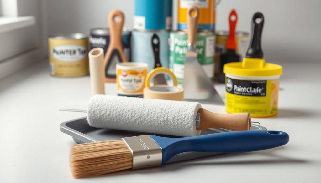 A well-organized assortment of professional-grade painting tools for exterior home renovation, captured in a clean, well-lit studio setting. In the foreground, a high-quality paintbrush, roller, and paint tray are displayed, showcasing their sturdy construction and ability to deliver a smooth, even finish. In the middle ground, a set of painter's tape, a putty knife, and a scraper stand ready to prepare the surface for painting. The background features a selection of paint cans in various colors, hinting at the wide range of options available for the perfect home exterior makeover. The image conveys a sense of competence and thoroughness, reflecting the tools required for a successful DIY house painting project.