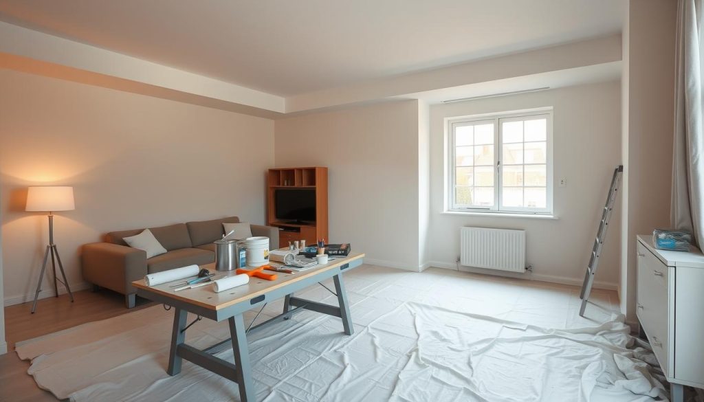 An interior view of a room in a residential apartment, the walls partially painted in a light, neutral color. The room is well-lit, with a combination of natural light from a large window and warm, diffuse artificial lighting. The furniture and decor are minimalist, allowing the focus to be on the painting process. A drop cloth covers the floor, and various painting tools and supplies, such as brushes, rollers, and paint cans, are neatly arranged on a sturdy work table. The overall atmosphere conveys a sense of efficiency and attention to detail, reflecting the methodical approach to calculating the actual area to be painted.