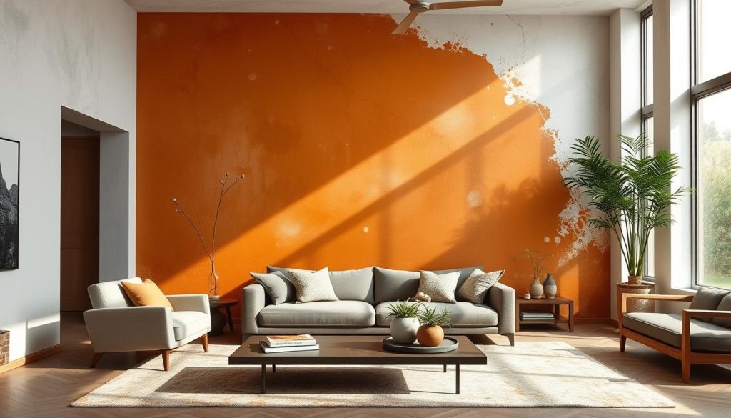 Intricate interior design with vibrant, decorative wall painting. A modern living room showcases a striking accent wall in shades of warm ochre and earthy terracotta, punctuated by delicate, organic patterns. Textured plaster and natural light create depth and movement, while minimal furniture and decor allow the artful brushstrokes to take center stage. The scene evokes a harmonious blend of traditional Polish craftsmanship and contemporary sensibilities, capturing the essence of the latest trends in interior painting.