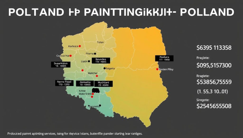 Mapa Polski z zaznaczonymi cenami malowania w różnych regionach Mapa Polski z zaznaczonymi cenami malowania w różnych regionach