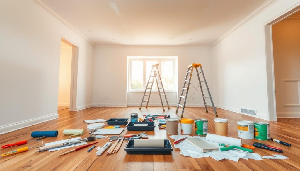 Prepare the room for ceiling painting: a spacious, well-lit interior with hardwood floors and white walls. In the foreground, carefully laid out painting supplies - rollers, trays, brushes, and paint cans in various colors. The middle ground shows a step ladder positioned near the ceiling, ready for the painter to reach the highest areas. The background reveals an open window allowing natural light to stream in, casting a warm, inviting glow over the scene. Convey a sense of organized preparation, with everything in its place, as the painter prepares to transform the room with a fresh coat of paint.